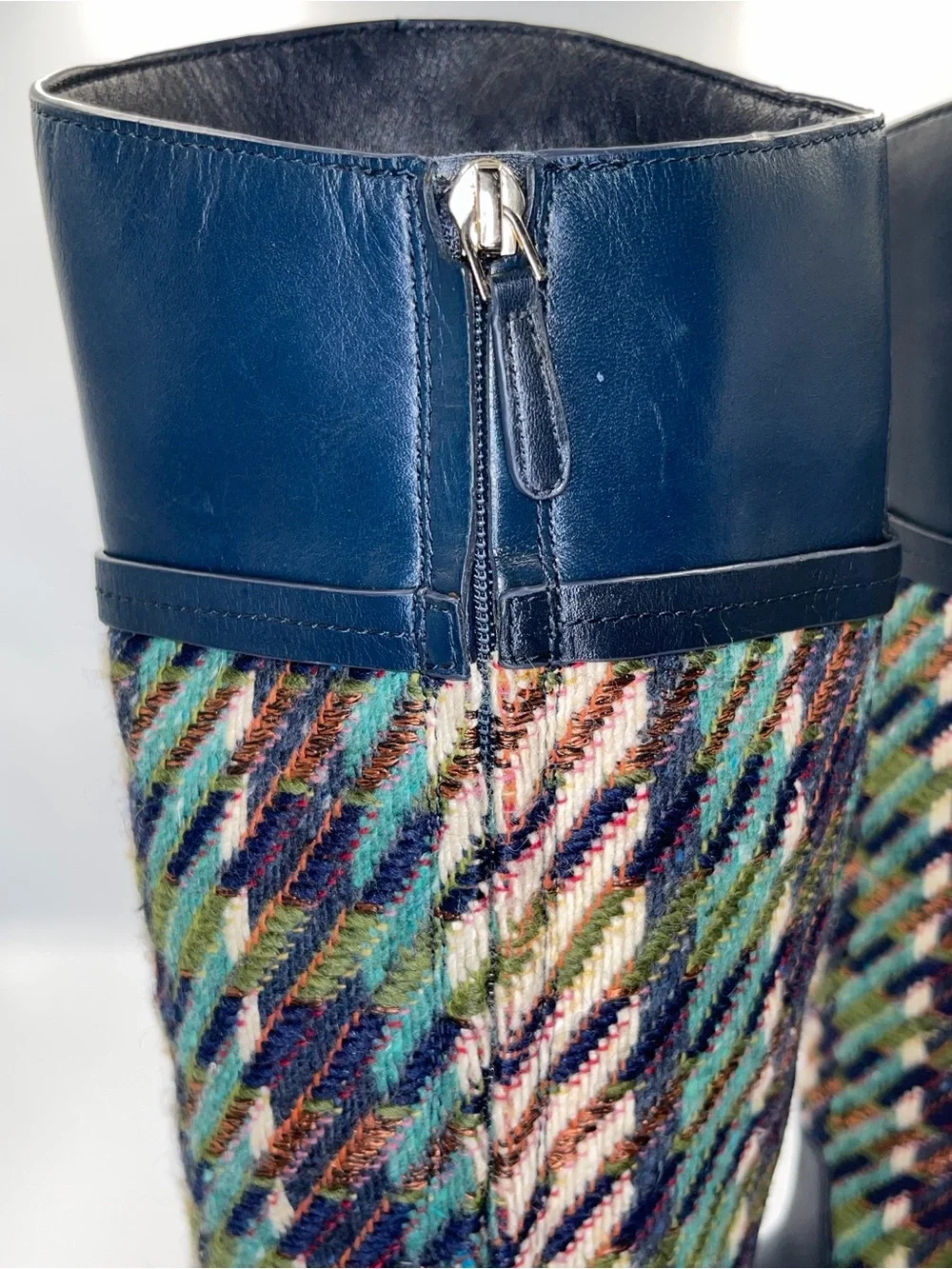 Tory Burch Navy Leather & Multicolor Knit Tall Boots